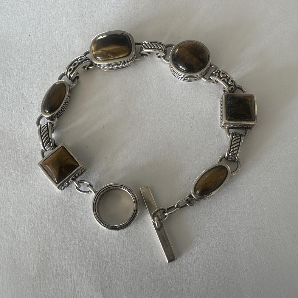 VTG‎ Barse Sterling Silver 925 Tiger's Eye Chain Bracelet Womens 7.5 Inch Toggle